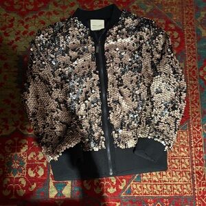 Silence + Noise Black and Gold Sequin Bomber Jacket